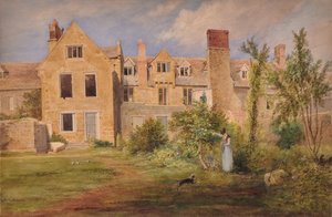 In Nottingham (achterkant van stenen gebouwen met vrouw, hond en tuinwals) door Edward Pretty