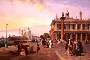 Figuren op de Piazzetta, Venetië met Salute op de Achtergrond