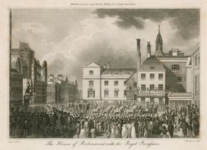 De huizen van het parlement met de koninklijke processie door Edward Pugh