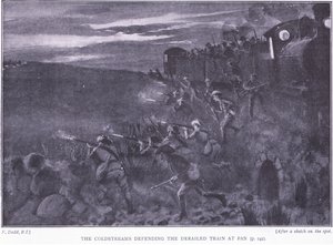 De Coldstreams verdedigen een ontspoorde trein, illustratie uit Na Pretoria: De Guerrillaoorlog, 1902 door Edward Read