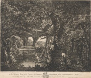 Een Ochtendscène van het Bos met Rinaldo aan de Oever van de Betoverde Rivier door Edward Rooker