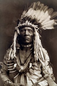 Weasel Tail (Apohsuyis). Portret van Indiaanse hoofdman van de Piegan stam met de beroemde adelaarsveer en wezels tooi, een suède tuniek, twee kettingen, een van bot en de andere van grizzly klauwen, en een tomahawk pijp door Edward Sheriff Curtis