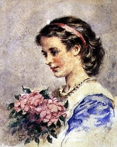 Jong Meisje met een Bos Roze Bloemen door Edward Tayler