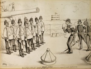 Onopgetekende geschiedenis! Vertellen aan de mariniers aan boord van HMS Taradiddle het voornemen van de regering van Hare Majesteit - als concessie aan het vooroordeel van de continentale machten - om Egypte op korte termijn te evacueren: waarschijnlijk d door Edward Tennyson Reed