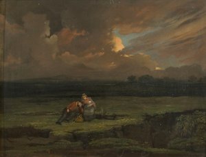 Een soldaat en zijn vrouw en kind in een stormachtig landschap door Edward Villiers Rippingille