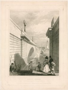 Nieuwe London Bridge vanaf de bovenste landing van de trappen bij Tooley Street door Edward William Cooke