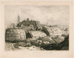 Deel van de Oude London Bridge zoals het verscheen in juni 1832 door Edward William Cooke