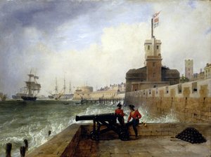De semafoor toren bij de ingang van de haven van Portsmouth (Engeland), op het Salvation Platform, met twee soldaten die op de muur naast een kanon zitten, op de achtergrond, beschrijving van de stad en de pier met de ronde toren door Edward William Cooke