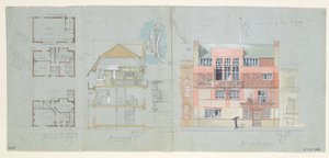 Voorgevel en Sectie voor Huis en Studio voor Frank Miles, Tite Street, Chelsea, 1878-79