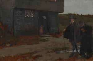 Bij de Cottage Deur (17e Eeuwse New England Scene) door Edwin Austin Abbey