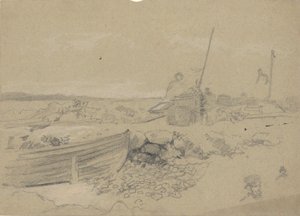 Strandscène met dory door Edwin Austin Abbey