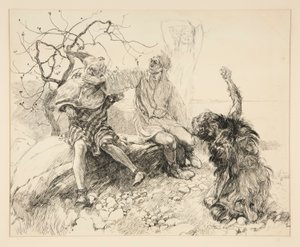 Caliban, Stephano en Trinculo (Ariel onzichtbaar), illustratie voor Act II, Scene ii, De Storm door Edwin Austin Abbey