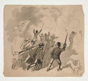 Burgeroorlog gevechtsscène (recto); Niet-geïdentificeerde illustratie van man in een bos (verso)