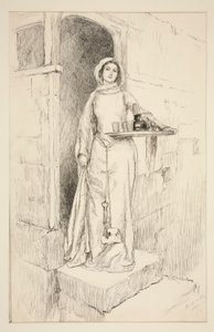 Enter Mevrouw Anne Page met wijn - Act I, Scene I, De Vrolijke Vrouwtjes van Windsor door Edwin Austin Abbey