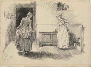 Binnenkomst van mevrouw Hardcastle en dienstmeid, studie voor Oliver Goldsmith