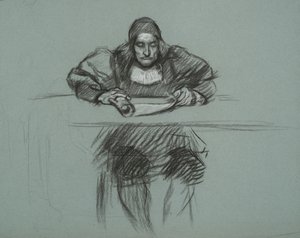 Figur voor proces van koningin Katherine. klerk aan bureau