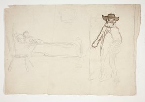 Figuur in bed, man die kamer binnenkomt - niet-geïdentificeerde illustratie door Edwin Austin Abbey