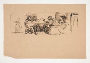 Figuren aan een tafel - niet-geïdentificeerde illustratie door Edwin Austin Abbey