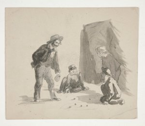 Vier jongens die knikkeren (recto); Onbekende illustratie van jongen bij ezel in interieur (verso) door Edwin Austin Abbey