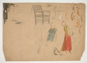 Hoofd- en figuurstudies, en studie van een stoel (recto); Schetsen voor boekillustraties (verso)