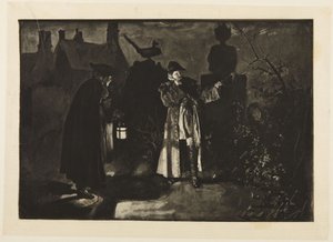 Illustratie voor Goldsmiths „She Stoops to Conquer“: „Ik vergis me, of ik hoorde stemmen“ door Edwin Austin Abbey