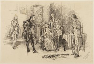 Illustratie bij Goldsmiths *She Stoops to Conquer*: „Was het wel zo gepast, meneer, om ertoe bij te dragen dat ik mezelf belachelijk maakte” door Edwin Austin Abbey
