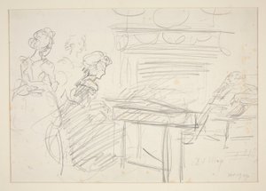 Interieur scène: vrouw aan piano en familie - niet-geïdentificeerde illustratie door Edwin Austin Abbey
