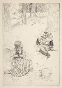 Nar en vrouw, schets voor The Daffodil Song door Edwin Austin Abbey
