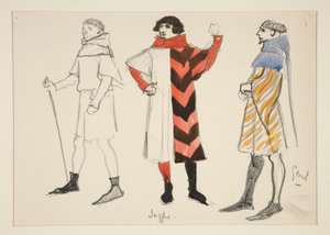 Jongleur en heer, kostuumschets voor Henry Irving door Edwin Austin Abbey