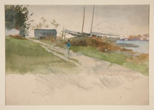 Landschap met figuur die langs een pad loopt, water in de verte door Edwin Austin Abbey