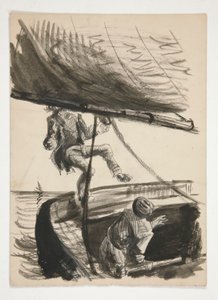 Man die overboord wordt geslagen door giek van zeilboot (recto); Onbekende illustratie van jongen die man schoenen poetst