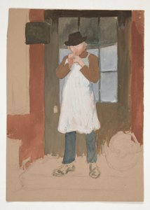 Man die een pijp aansteekt in de deuropening - niet-geïdentificeerde illustratie door Edwin Austin Abbey