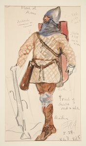 Man van Wapens, kostuumschets voor Henry Irving door Edwin Austin Abbey