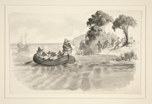 Mannen in roeiboot vluchten voor indianen aan de kust - niet-geïdentificeerde illustratie (Columbus ontdekt de Nieuwe Wereld?) - ontdekkingsreizigers landen in de Nieuwe Wereld door Edwin Austin Abbey