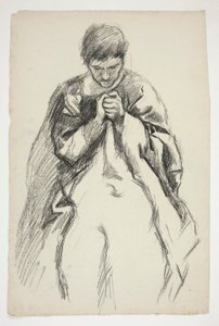 Geklede figuur, biddend: studie voor De zoektocht naar de Heilige Graal muurschildering serie in de Boston Public Library door Edwin Austin Abbey