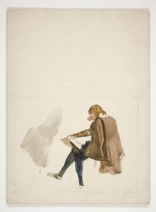Zittende jonge man in bruine mantel, lezend - niet-geïdentificeerde illustratie door Edwin Austin Abbey