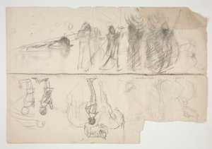 Blad met schetsen voor The Quest of the Holy Grail muurreeks in de Boston Public Library (recto); Ongeïdentificeerde schets (verso) door Edwin Austin Abbey