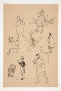 Blad met schetsen van landelijke figuren door Edwin Austin Abbey