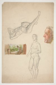 Blad met schetsen: twee naakte vrouwen, profiel van een man, figuur zittend in een interieur