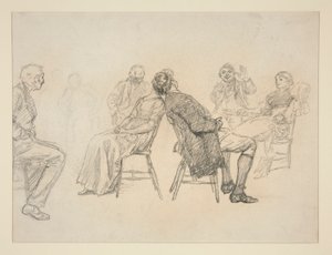 Schets van een stel dat een spel speelt, omringd door toeschouwers, in een interieur (?) - niet-geïdentificeerde illustratie door Edwin Austin Abbey