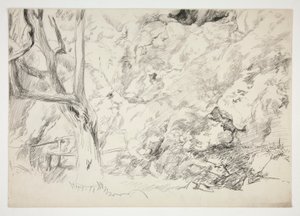 Schets van een landschap met boom, hek en vrouwelijke figuur