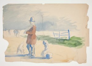 Schets van een man, kind en hond - niet-geïdentificeerde illustratie