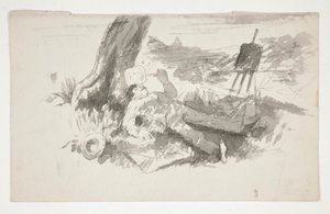 Schets van een plein-air schilder die een dutje doet onder een boom - niet-geïdentificeerde illustratie
