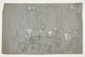 Schets van een kamer met studenten die een model tekenen door Edwin Austin Abbey