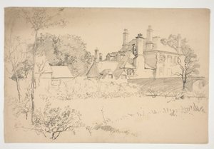 Schets van een exterieur: tuin, muur en groot Victoriaans huis door Edwin Austin Abbey