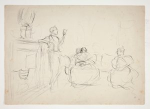 Schets van een interieur: man leest voor, vrouwen breien - niet-geïdentificeerde illustratie
