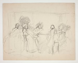 Schets van figuren rond een tafel - niet-geïdentificeerde illustratie voor een toneelstuk (?) door Edwin Austin Abbey