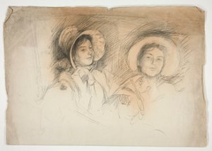 Schets van twee jonge vrouwen met hoeden (onbekende modellen) door Edwin Austin Abbey