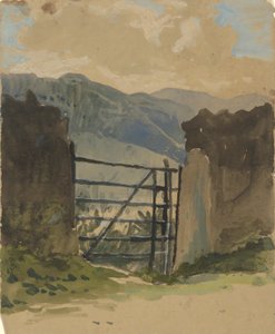 Stenen muur en poort, schets