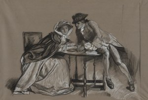 Studie. Dame en heer in gesprek aan een tafel door Edwin Austin Abbey